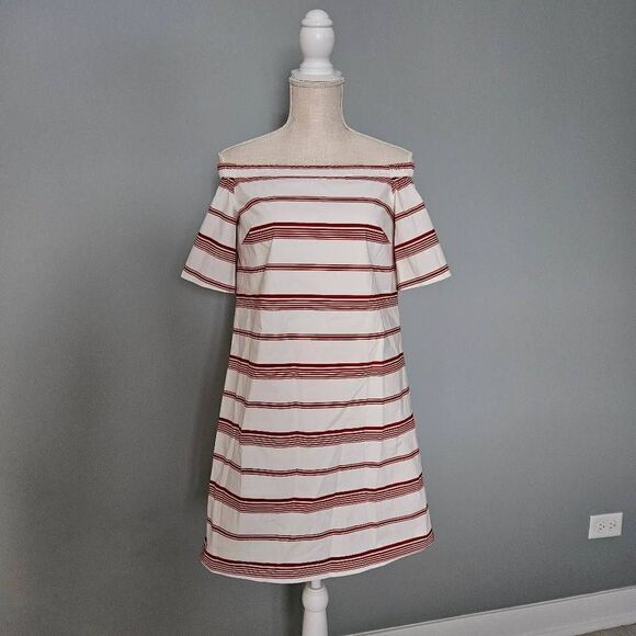 Club Monaco Nearta Off The Shoulder White and Red Striped Dress Size 4 - Picture 3 of 11